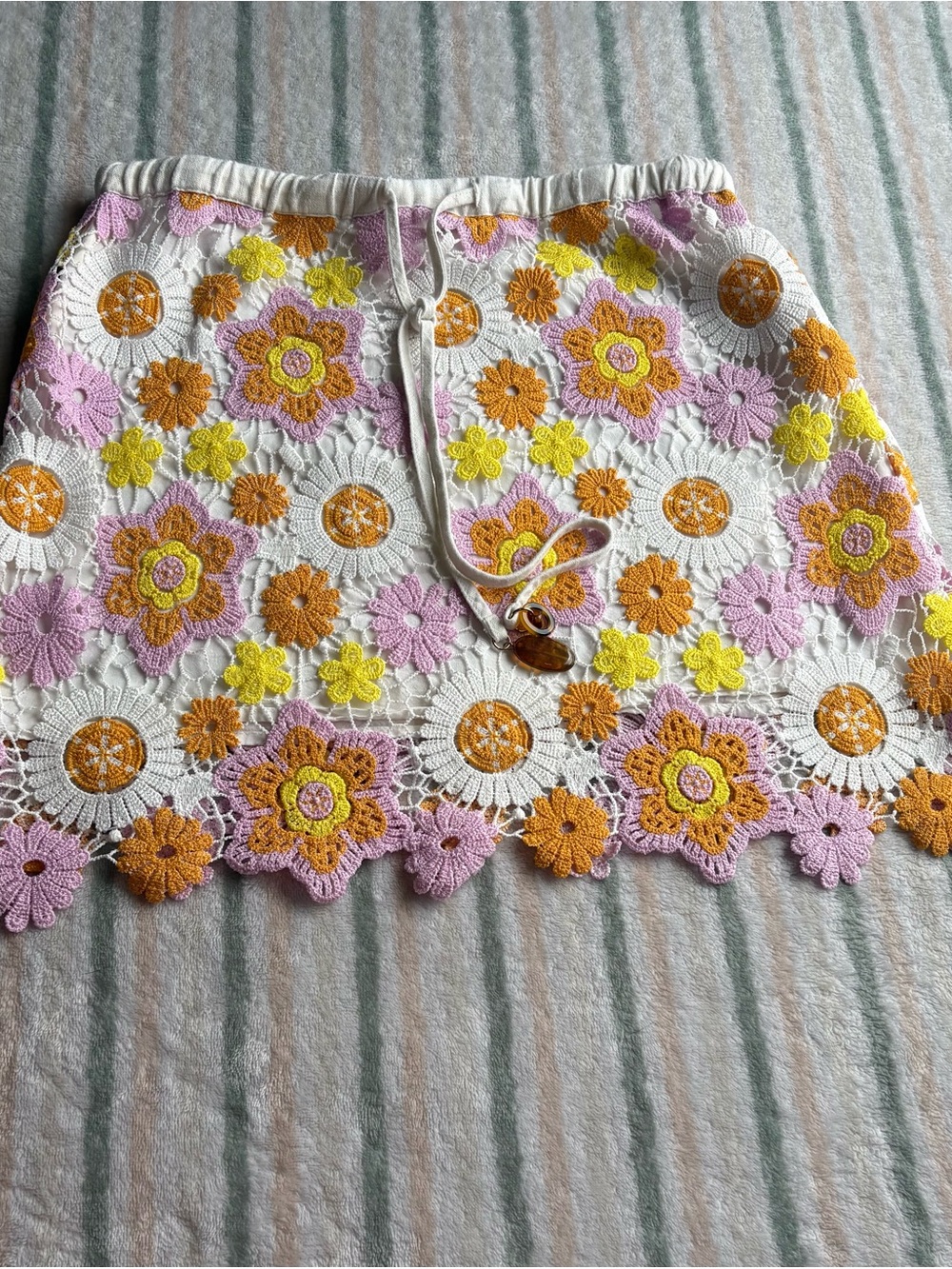 Zara White Crochet Mini Skirt with Pink, Yellow & Orange Floral Appliqué